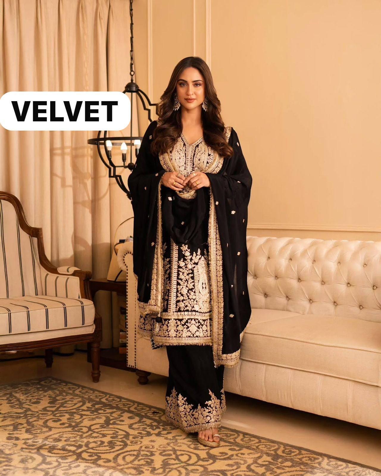 Luxury All Black Velvet Embroidered Suit Set with Georgette Dupatta for Festive & Wedding Wear