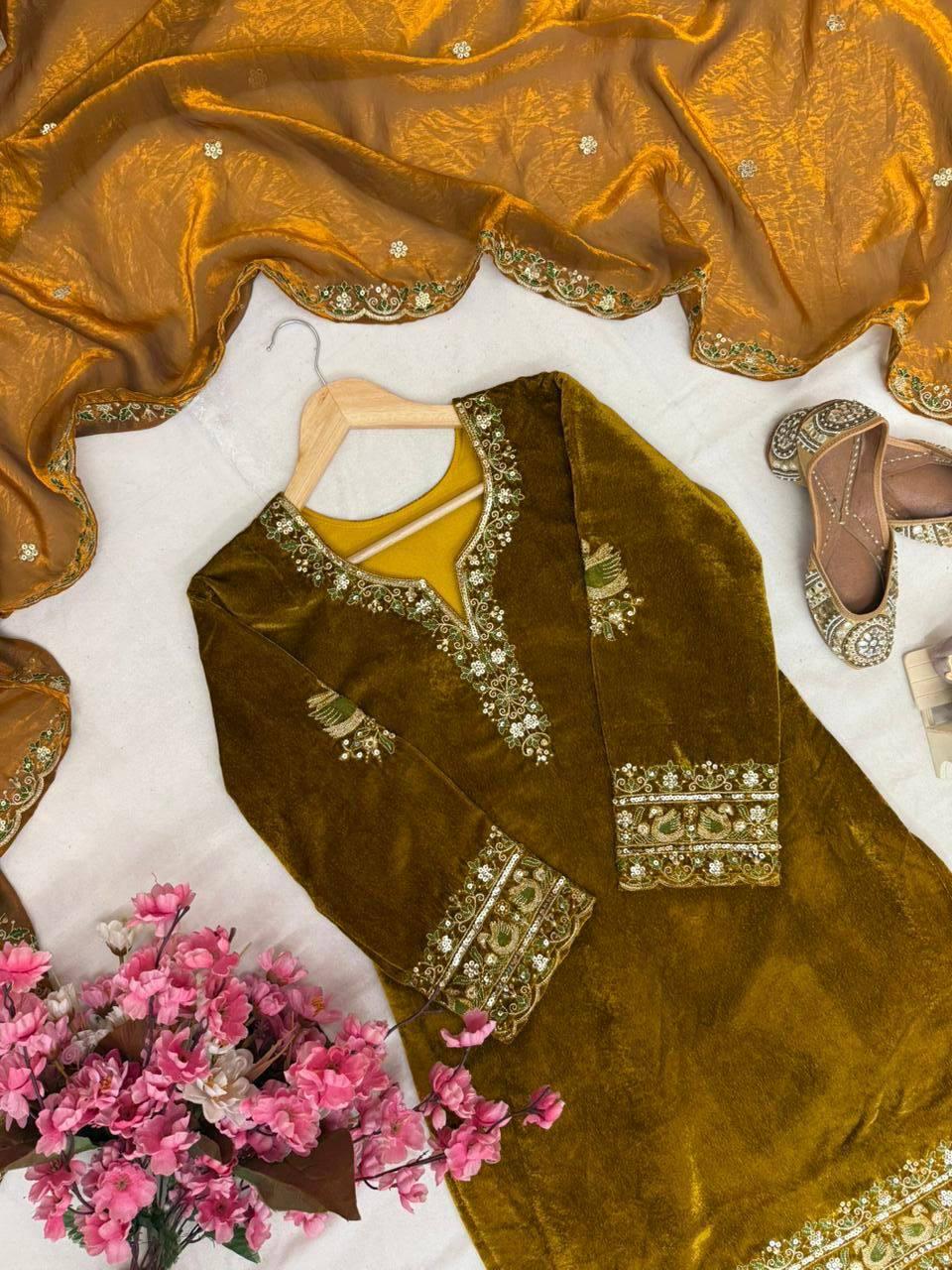Velvet Sequin Embroidery Fully Stitched Kurti Plazzo Set with Fendy Silk Dupatta