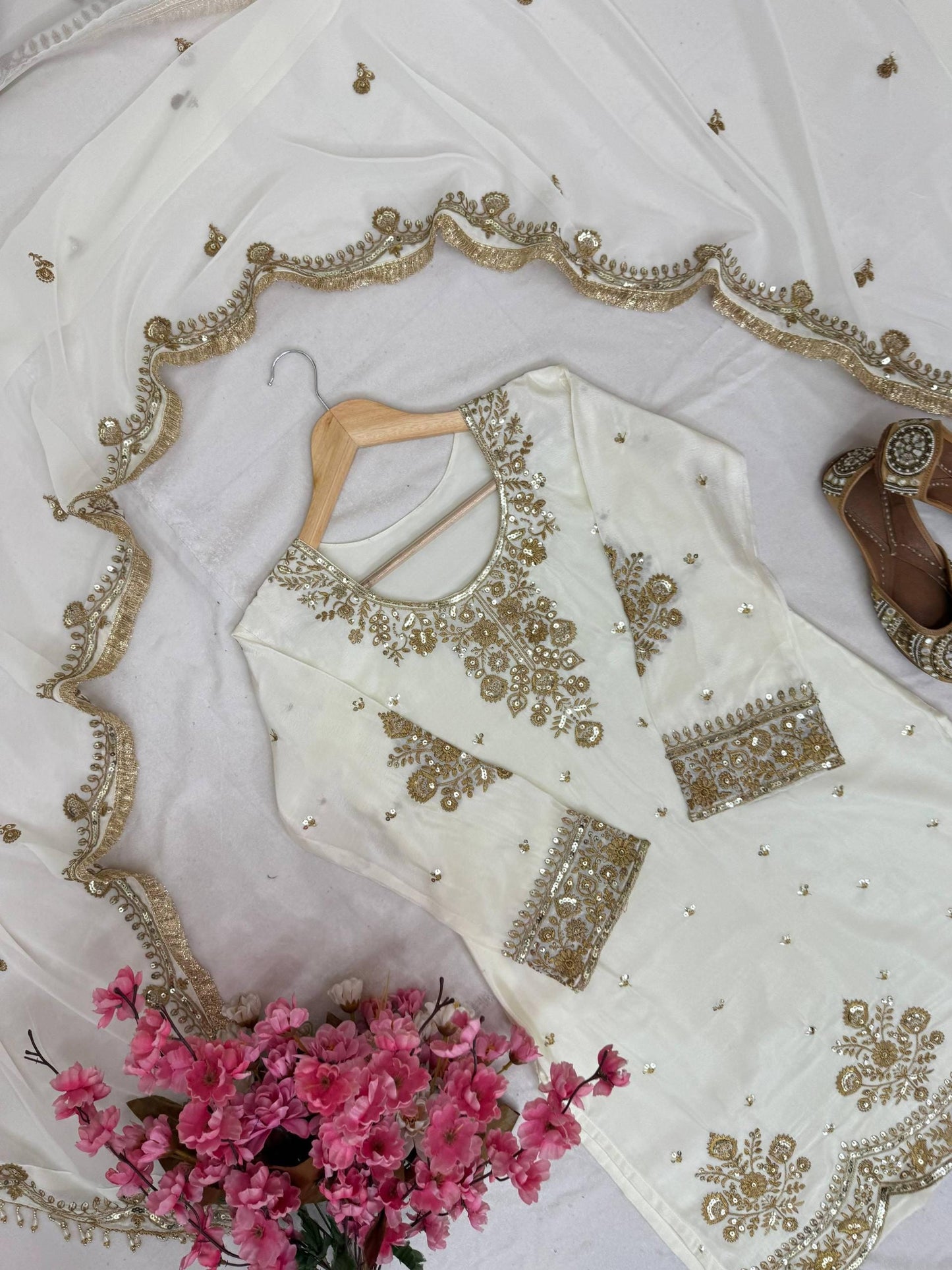 Wedding Wear White Chinnon Silk Kurti Plazzo Set with Sequin Embroidered Dupatta