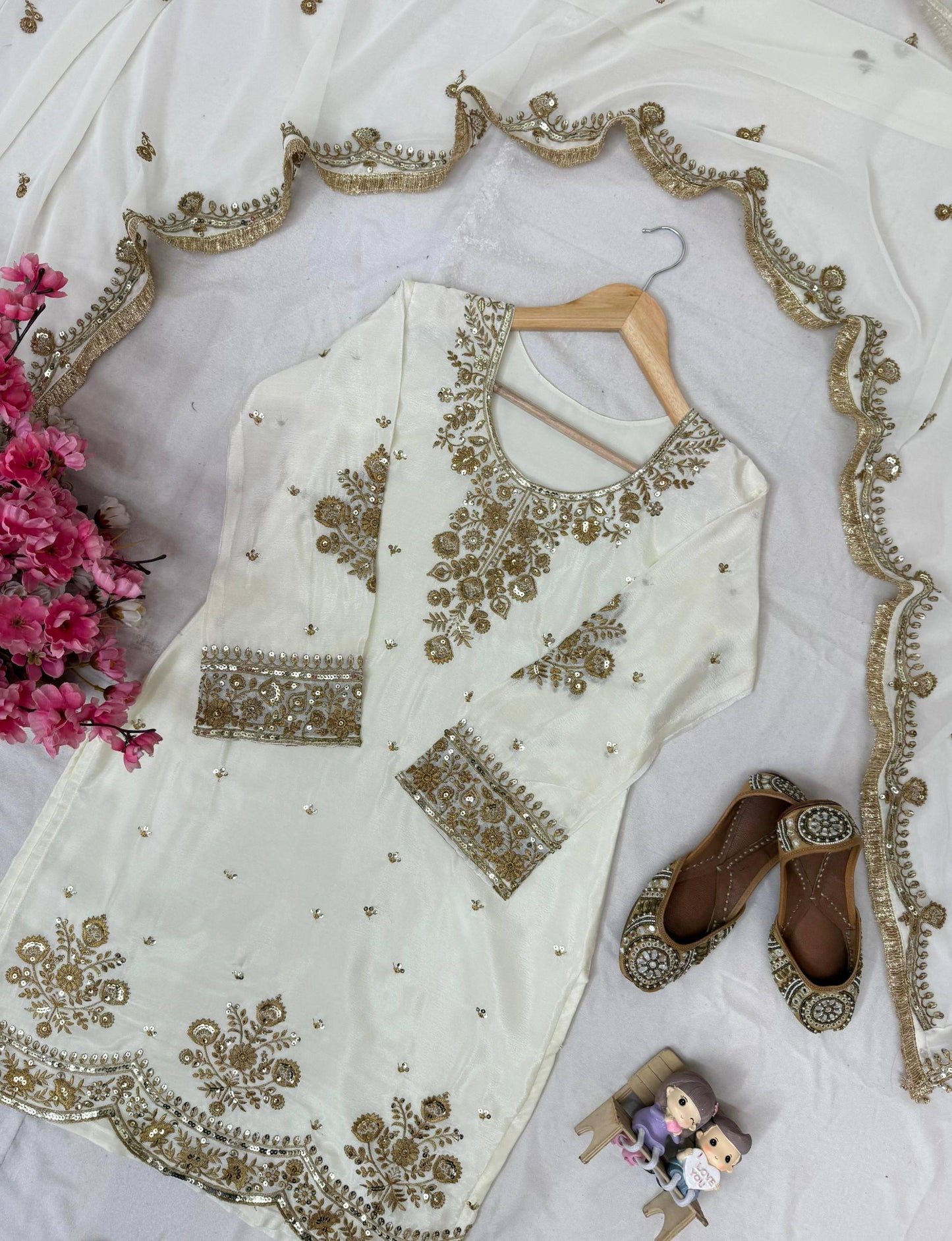 Wedding Wear White Chinnon Silk Kurti Plazzo Set with Sequin Embroidered Dupatta