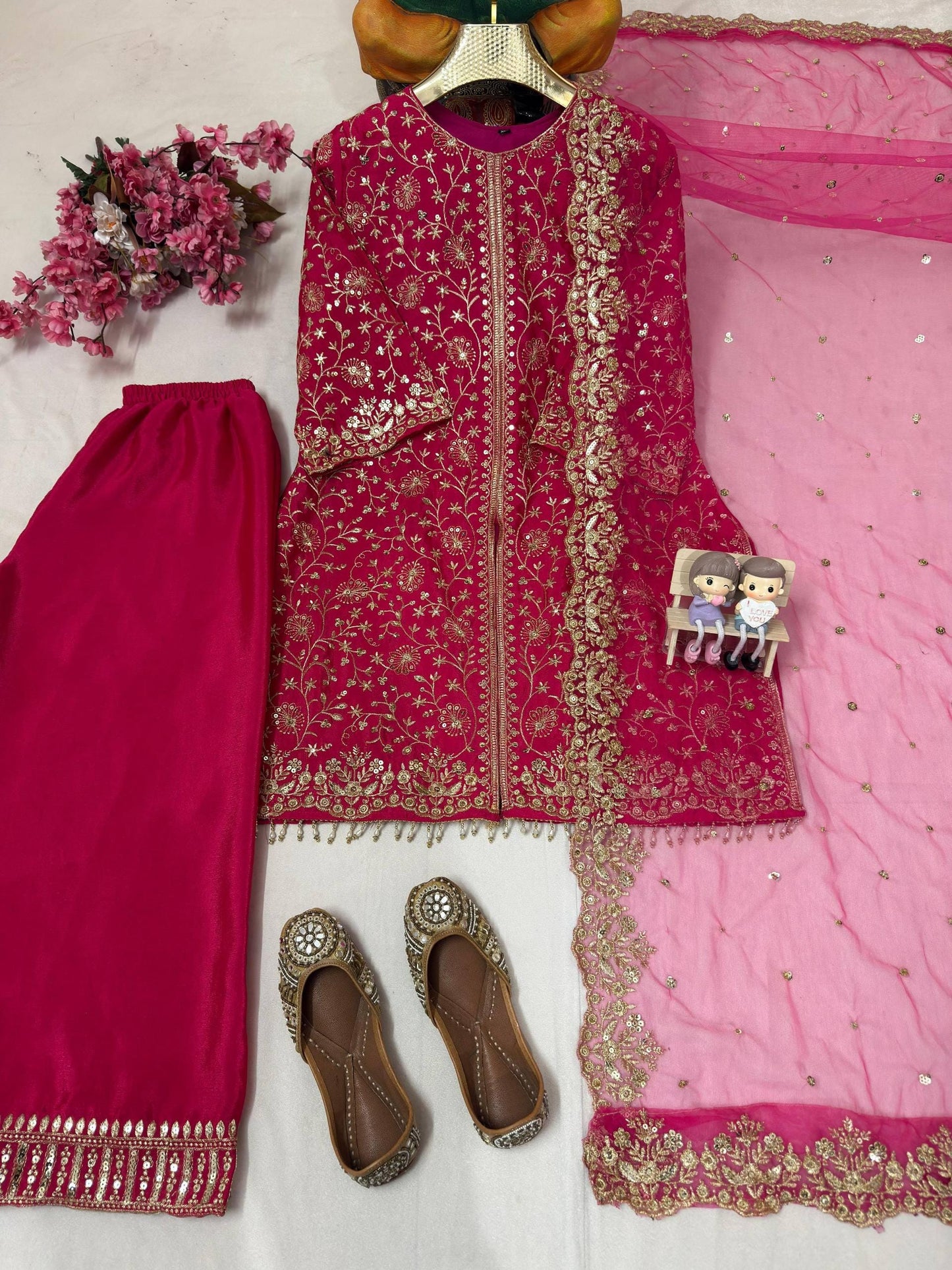 Fancy Hot Pink Punjabi Kurta & Kurtis Palazzo Set For Women - Indian Wedding Outfit