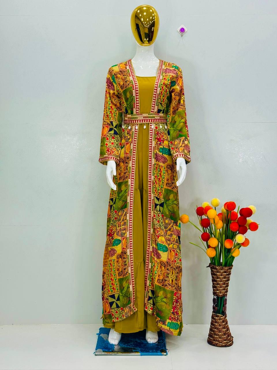 French Crepe Printed Koti with Ruffle Georgette Gown Set Fully Stitched Designer Outfit