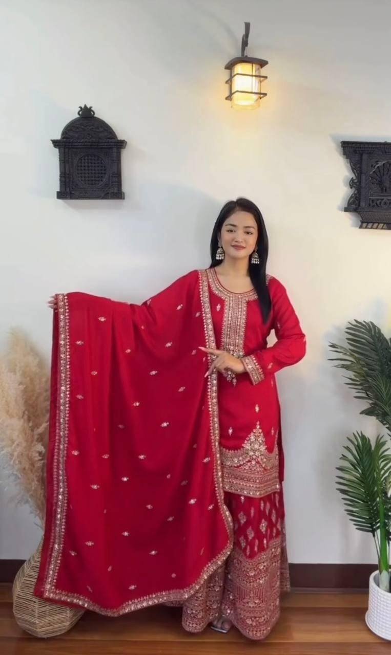 Red Pure Chinon Silk Kurti Plazzo Set with Sequin Embroidered and Matching Dupatta