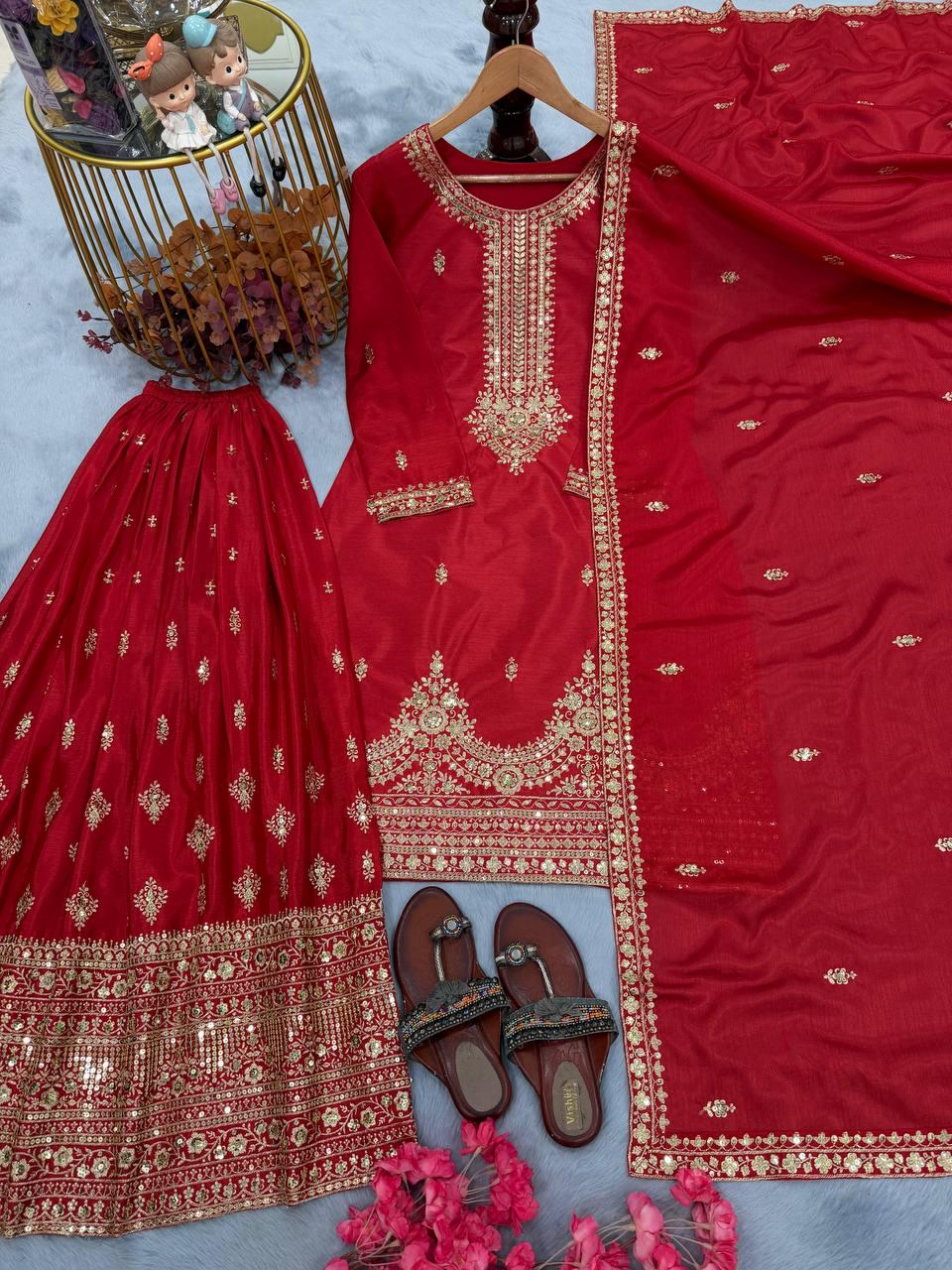 Red Pure Chinon Silk Kurti Plazzo Set with Sequin Embroidered and Matching Dupatta