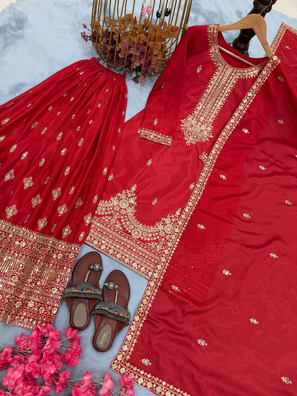 Red Pure Chinon Silk Kurti Plazzo Set with Sequin Embroidered and Matching Dupatta