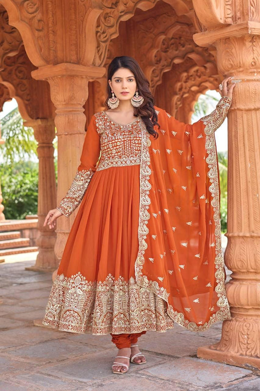 Indian Anarkali Gown Set in Faux Georgette with Embroidered Dupatta and Churidar Bottom