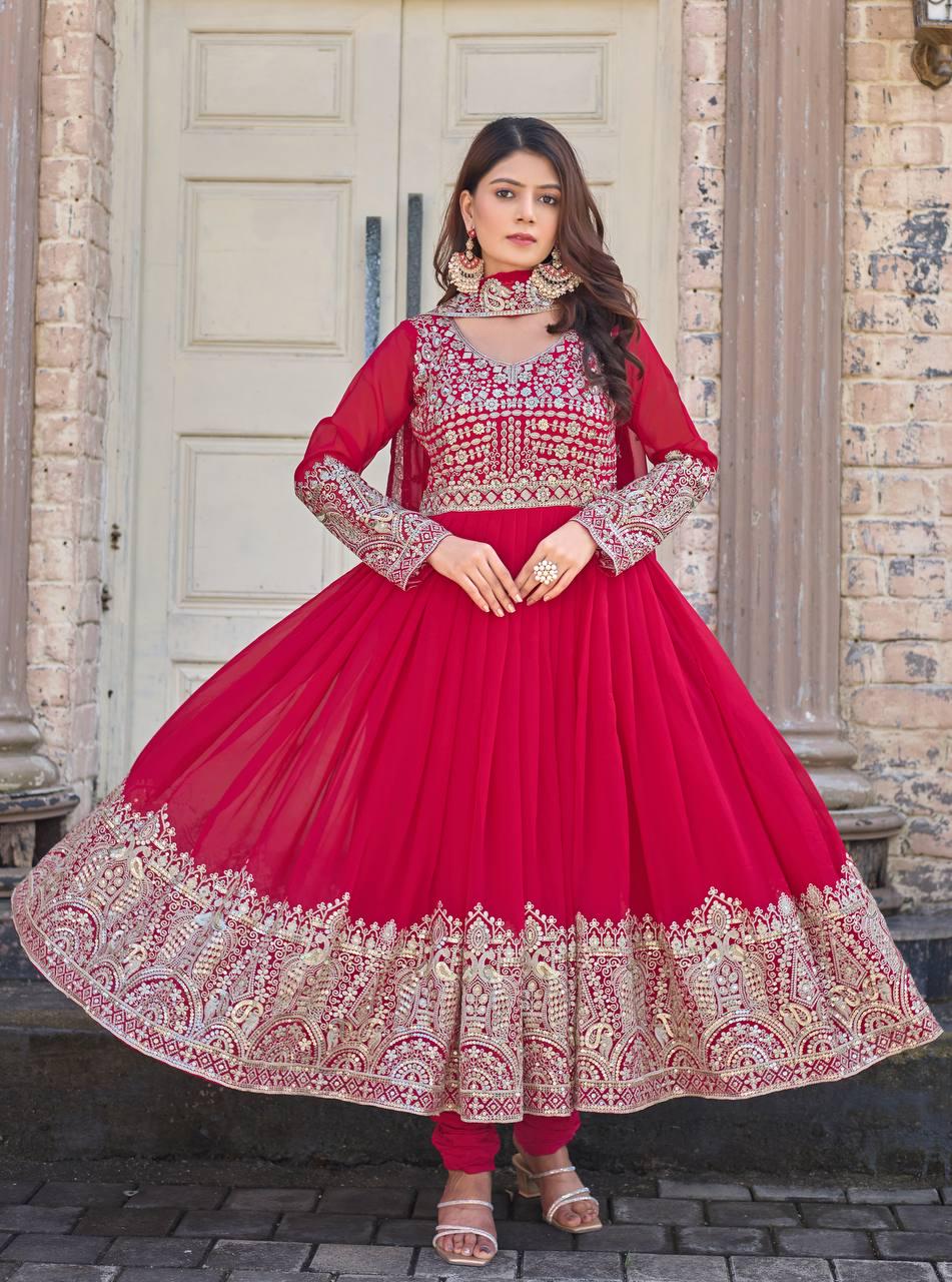 Luxury Hot Pink Faux Georgette Gown Set with Heavy Sequin Embellished Matching Dupatta