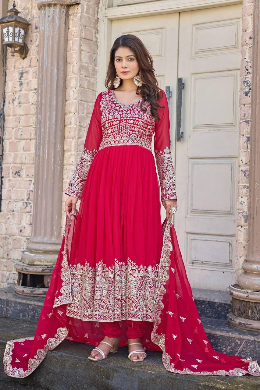 Luxury Hot Pink Faux Georgette Gown Set with Heavy Sequin Embellished Matching Dupatta