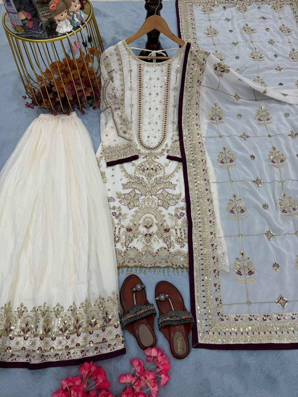 White Sequin Rivet Moti Palazzo Suit with Georgette Dupatta and Designer Latkan Work