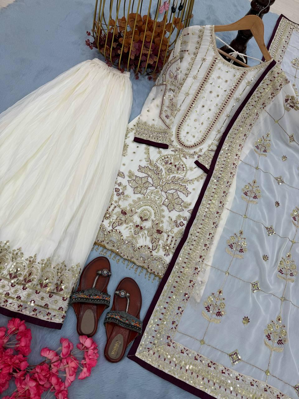 White Sequin Rivet Moti Palazzo Suit with Georgette Dupatta and Designer Latkan Work