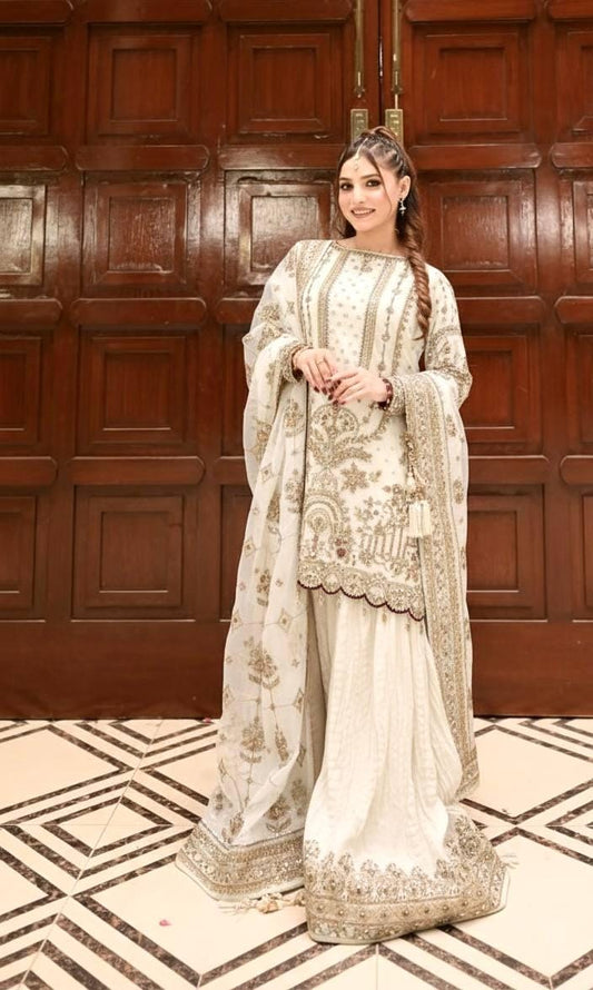 White Sequin Rivet Moti Palazzo Suit with Georgette Dupatta and Designer Latkan Work