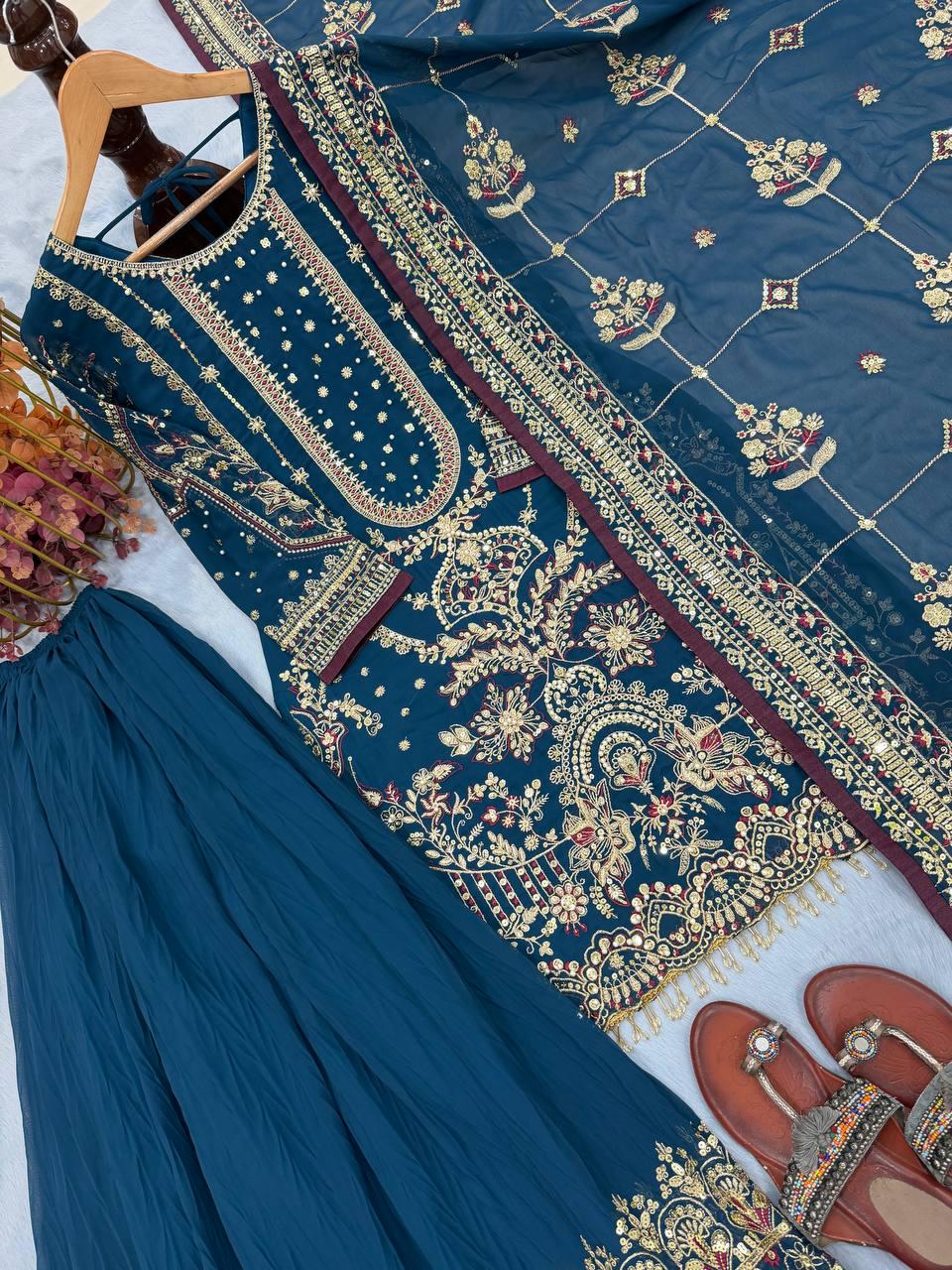 Royal Blue Heavy Faux Georgette Palazzo Suit with Sequin Embroidered Dupatta