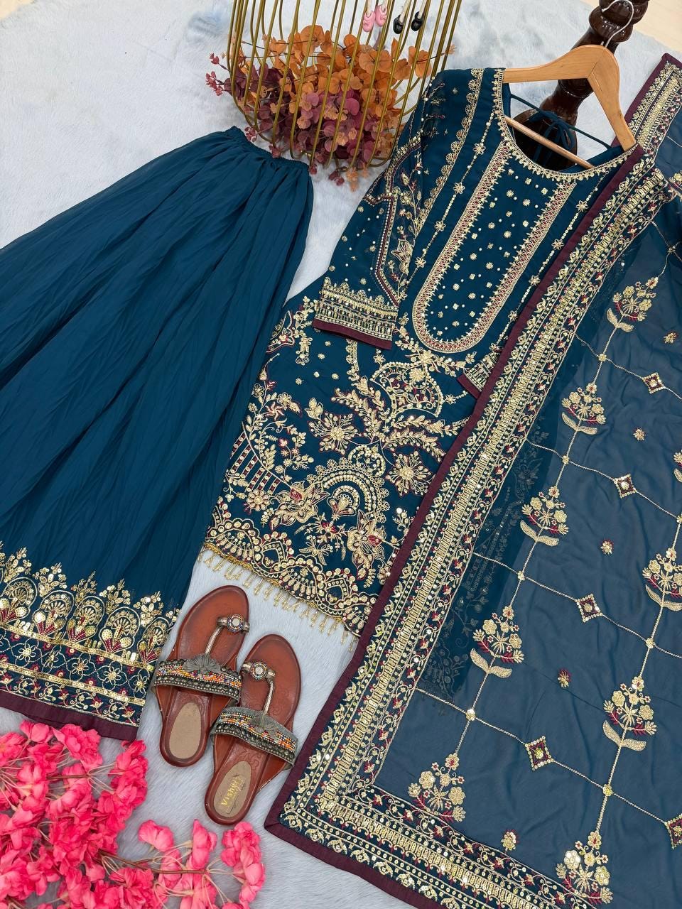 Royal Blue Heavy Faux Georgette Palazzo Suit with Sequin Embroidered Dupatta