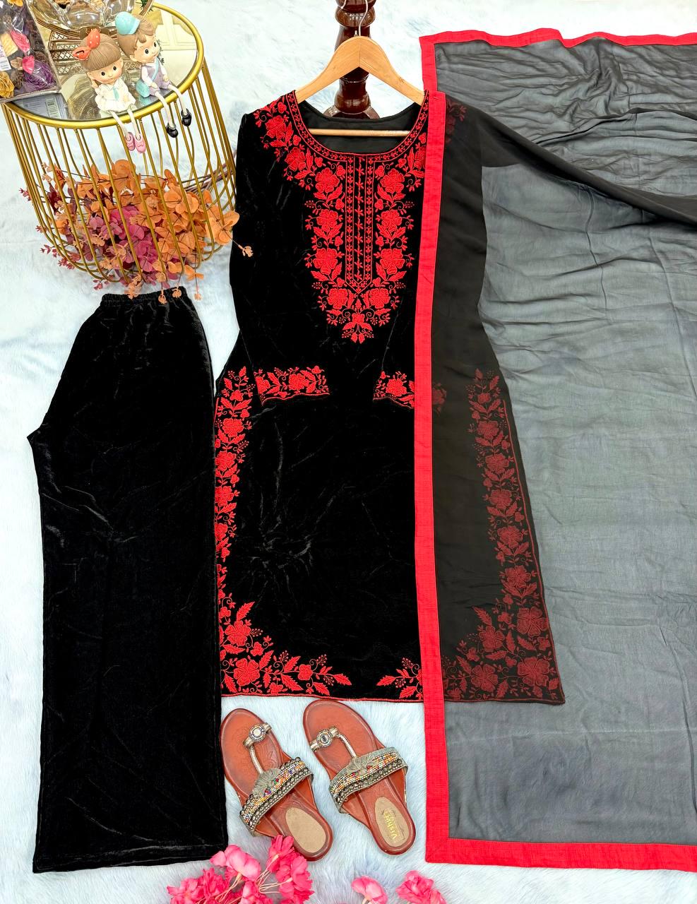 Black Pure Viscose Velvet Embroidered Palazzo Suit Set with Georgette Dupatta