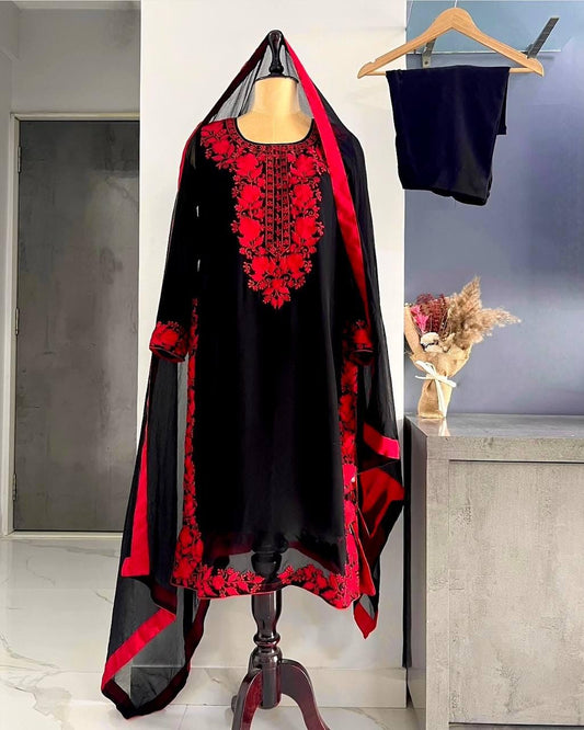 Black Pure Viscose Velvet Embroidered Palazzo Suit Set with Georgette Dupatta