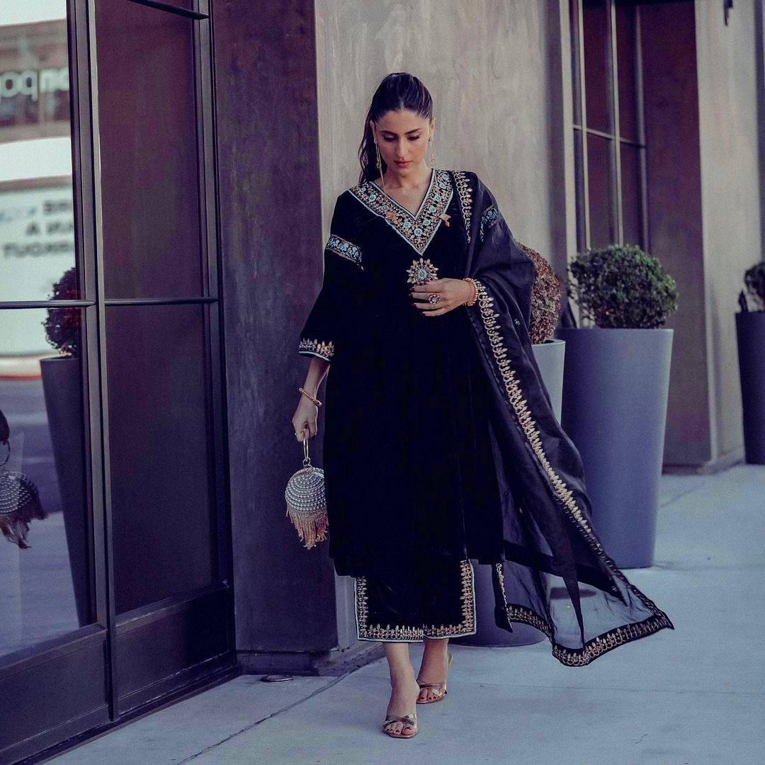 Viscose Velvet Embroidered Sequin Suit Set with Bell Sleeves Palazzo and Organza Dupatta