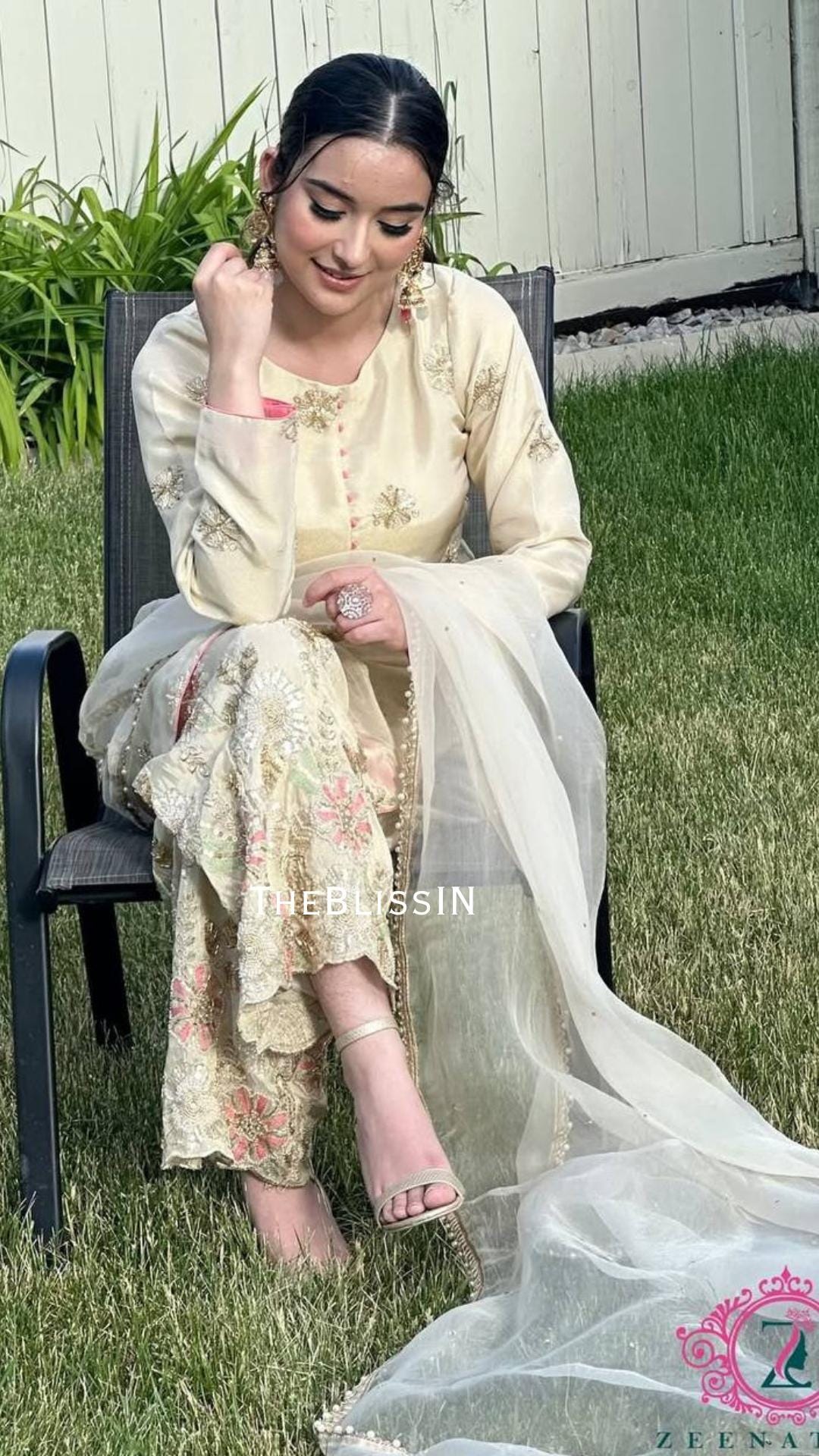 Cream Chinon Silk Embroidered Kurti & Palazzo With Pearl Organza Dupatta, Wedding Guest Outfit