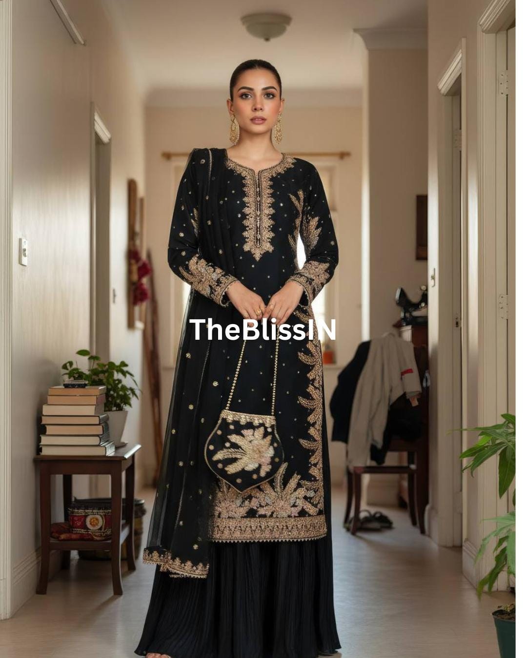 Elegant Faux Georgette Black Embroidered Kurti with Palazzo and Net Dupatta Set For Womens