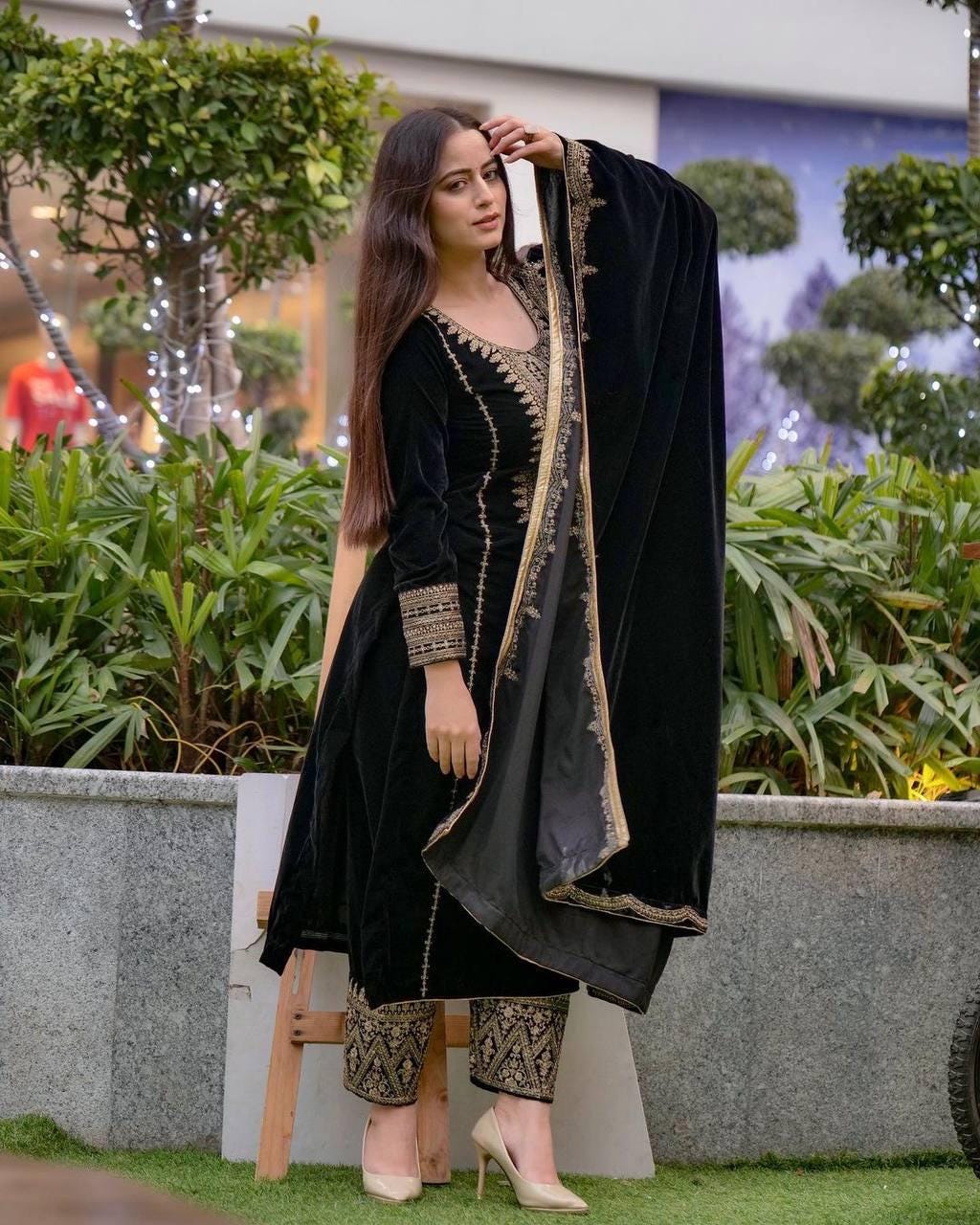 Black Viscose Velvet Embroidered Suit Set with Sequin Work, Full Stitched Indian Outfit