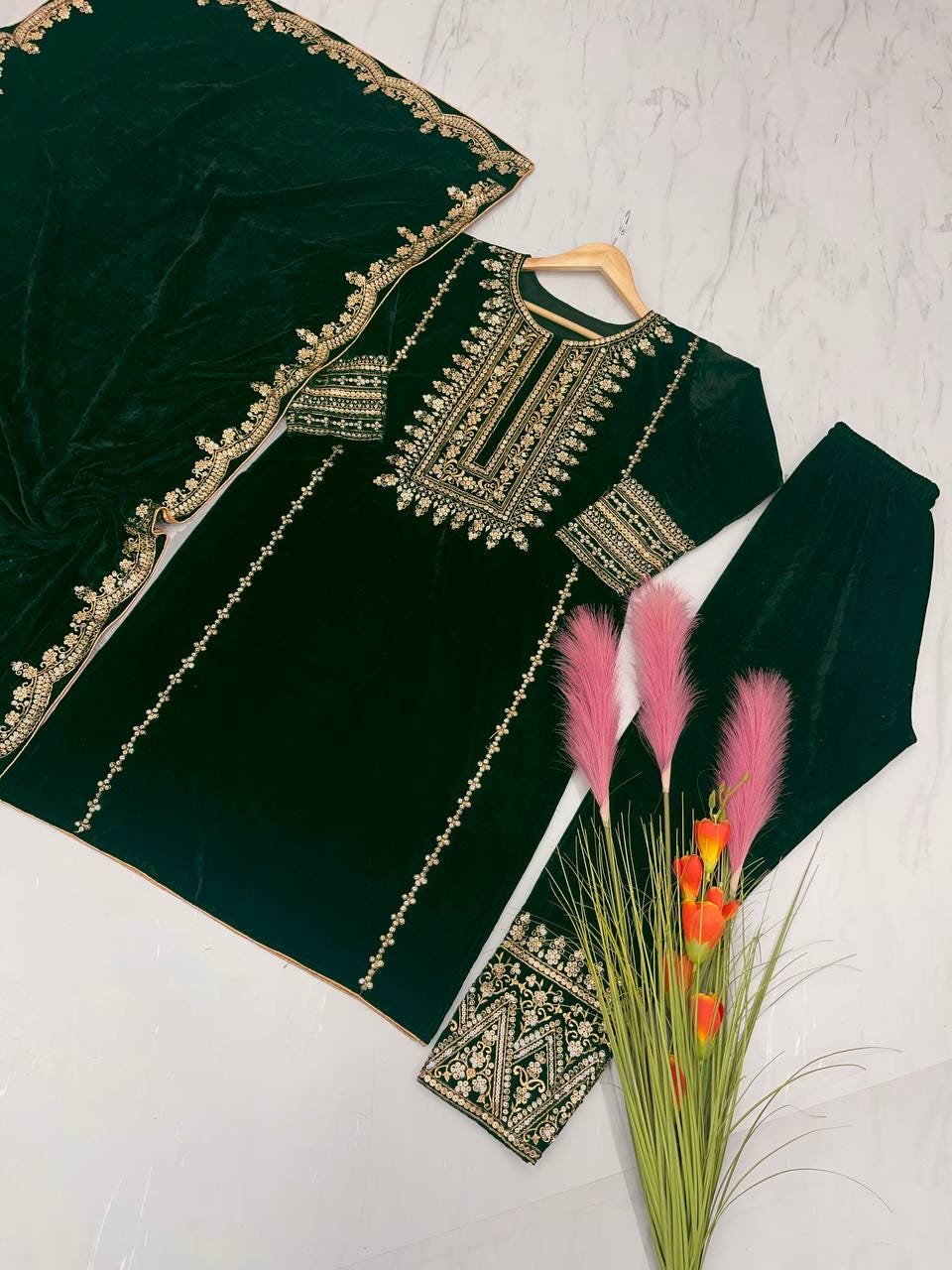Winter Wear Green Viscose Velvet Embroidered Suit Set with Sequin Work, Full Stitched