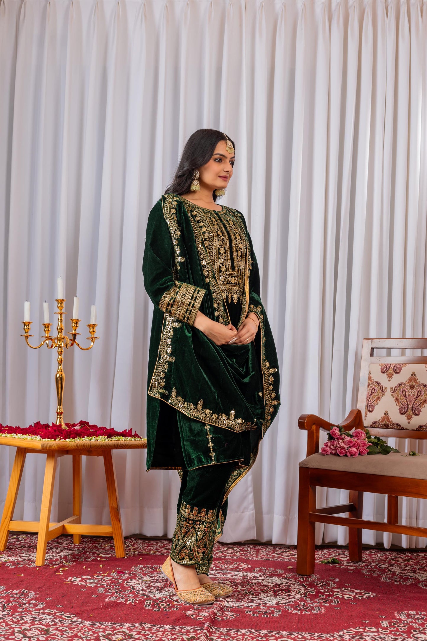Winter Wear Green Viscose Velvet Embroidered Suit Set with Sequin Work, Full Stitched