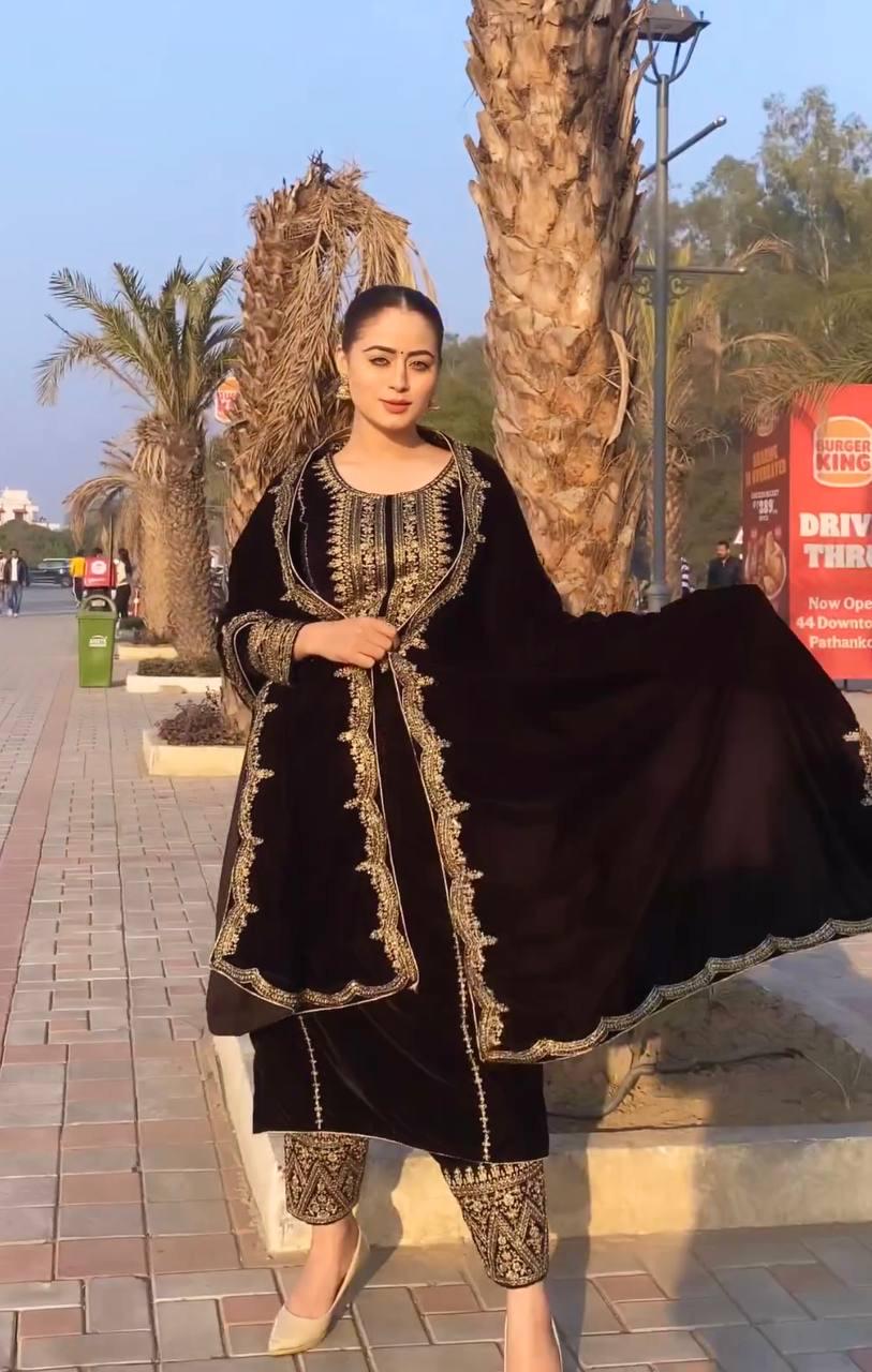 Pakistani Style Brown Viscose Velvet Embroidered Suit Set with Sequin Work, Full Stitched