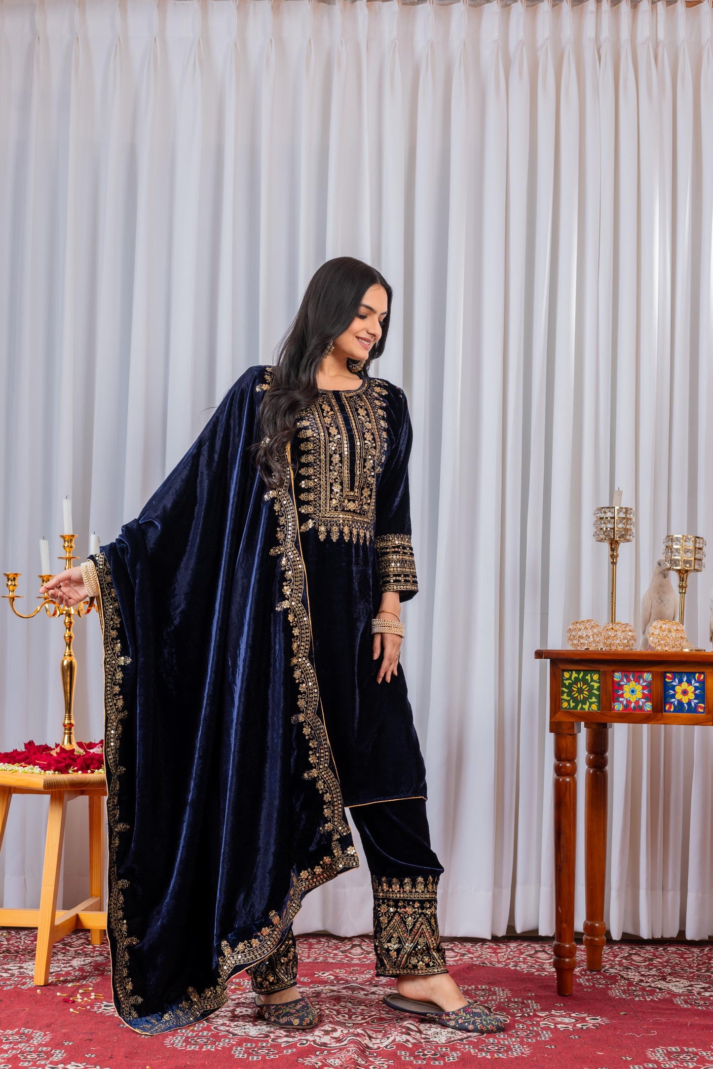 Daily Wear Viscose Velvet Blue Embroidered Suit Set with Sequin Work, Full Stitched