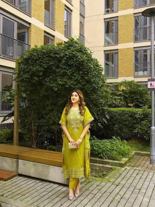 Faux Georgette Embroidered Kaftan Pant Set | Designer Sequin Zari Work Kurti Set
