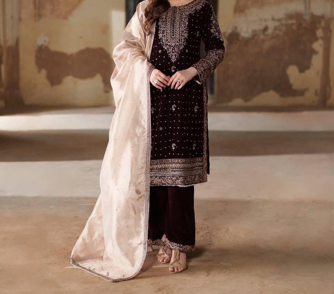 Designer Velvet Kurti Plazzo Set with Sequin Zari Embroidery