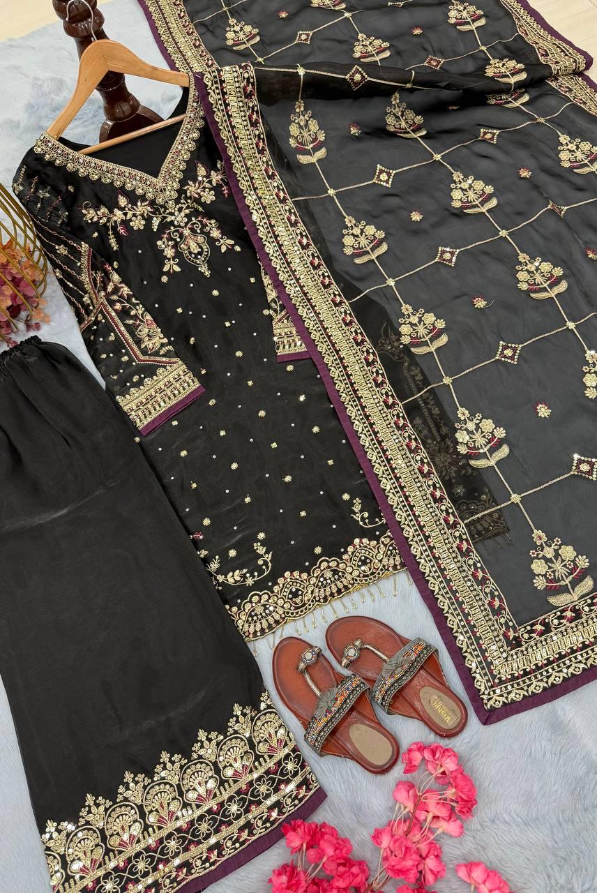 Black Jimmy Choo Embroidered Suit Set with Palazzo & Dupatta With Diamond Moti Work