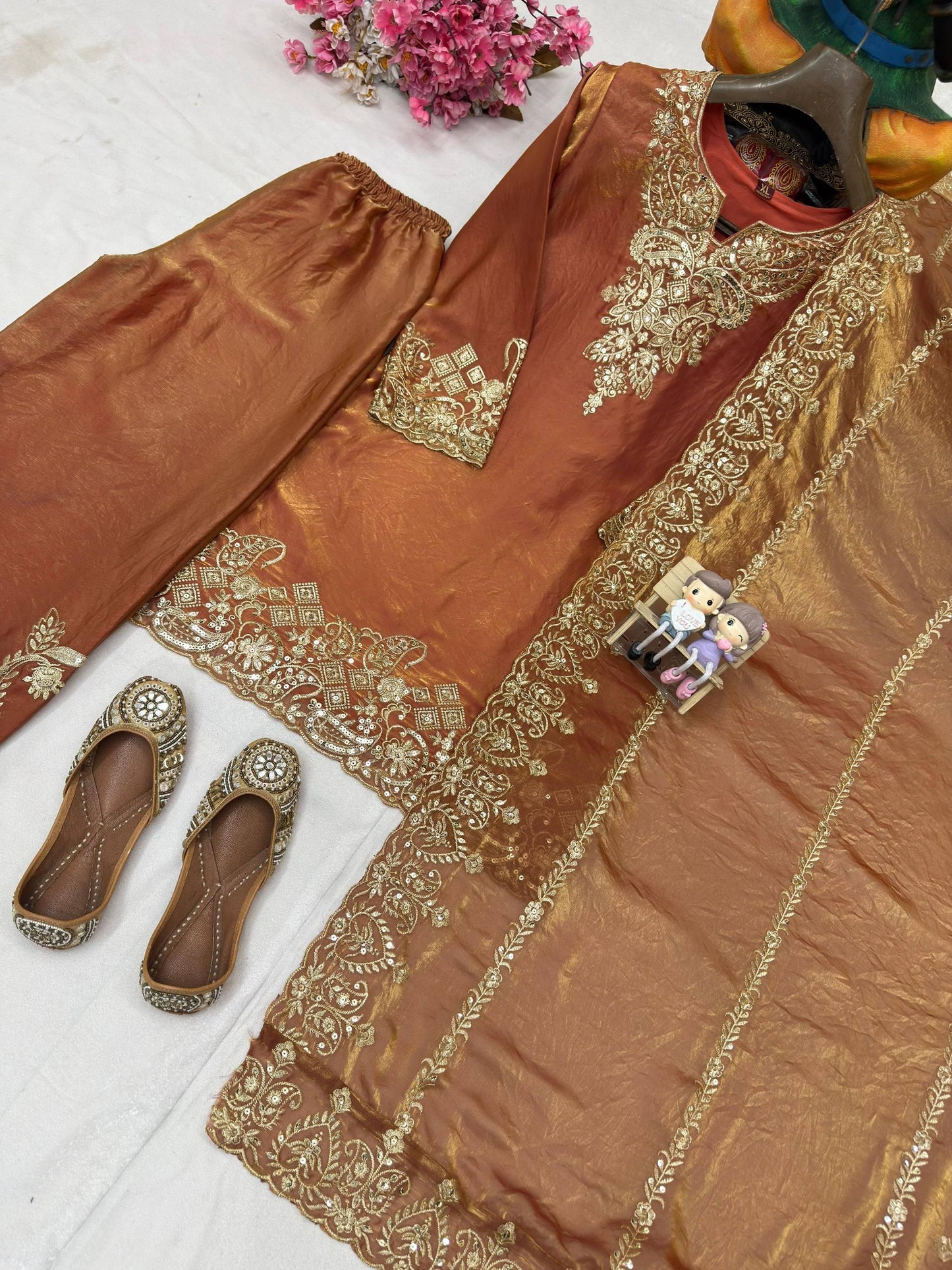 Frendy Silk Embroidered Kurti Palazzo Suit Set with Dupatta – Sequin Zari Work Party Wear