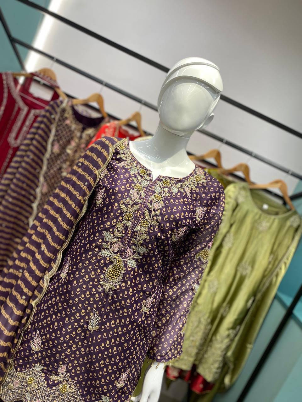 Designer Purple Chinon Embroidered Sharara Suit Set with Diamond Work Dupatta