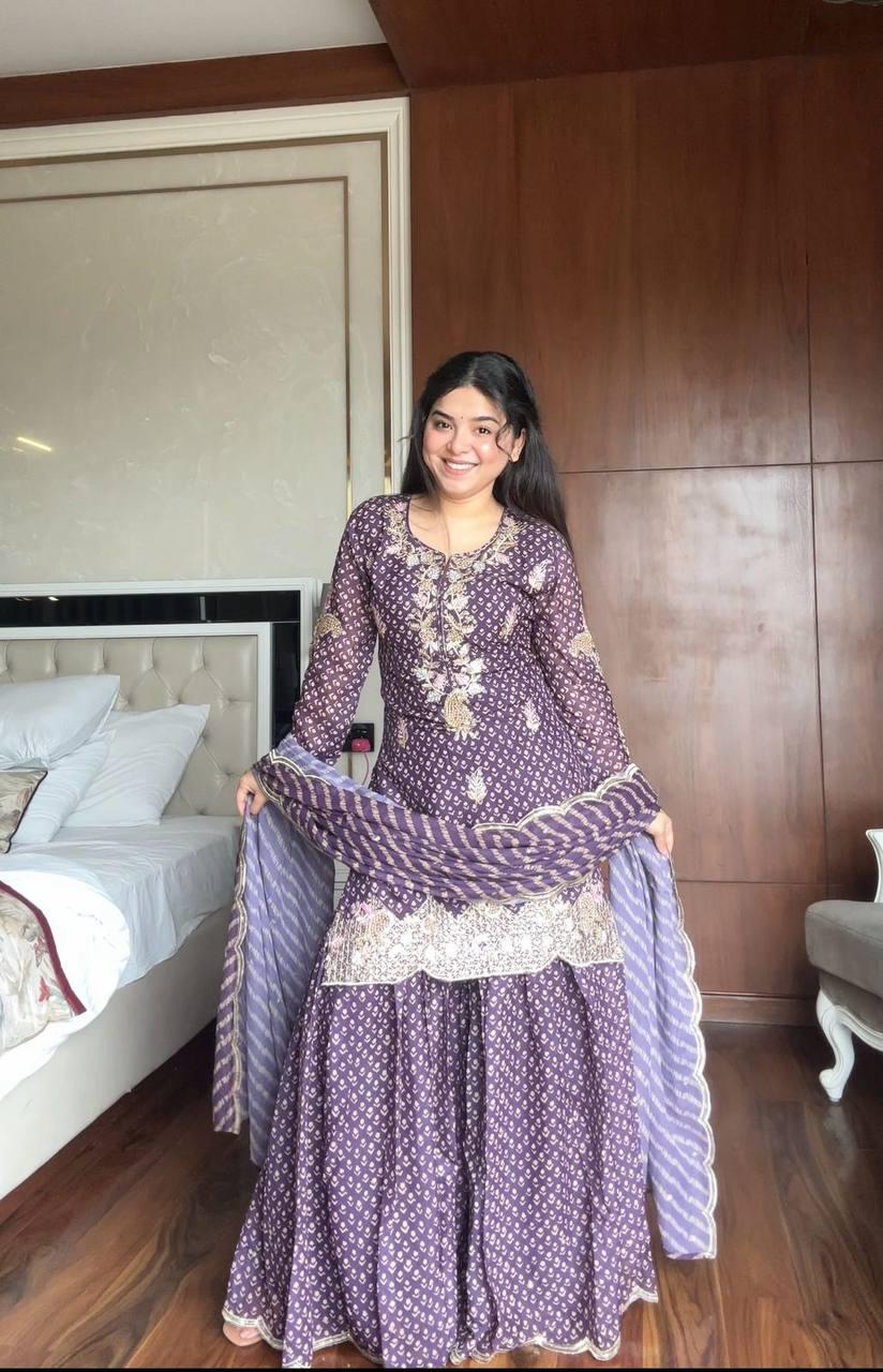 Designer Purple Chinon Embroidered Sharara Suit Set with Diamond Work Dupatta