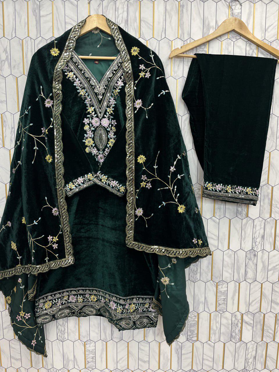 Green Heavy Viscose Velvet Sequin Embroidered Suit Set with Dupatta Fully Stitched Party Wear
