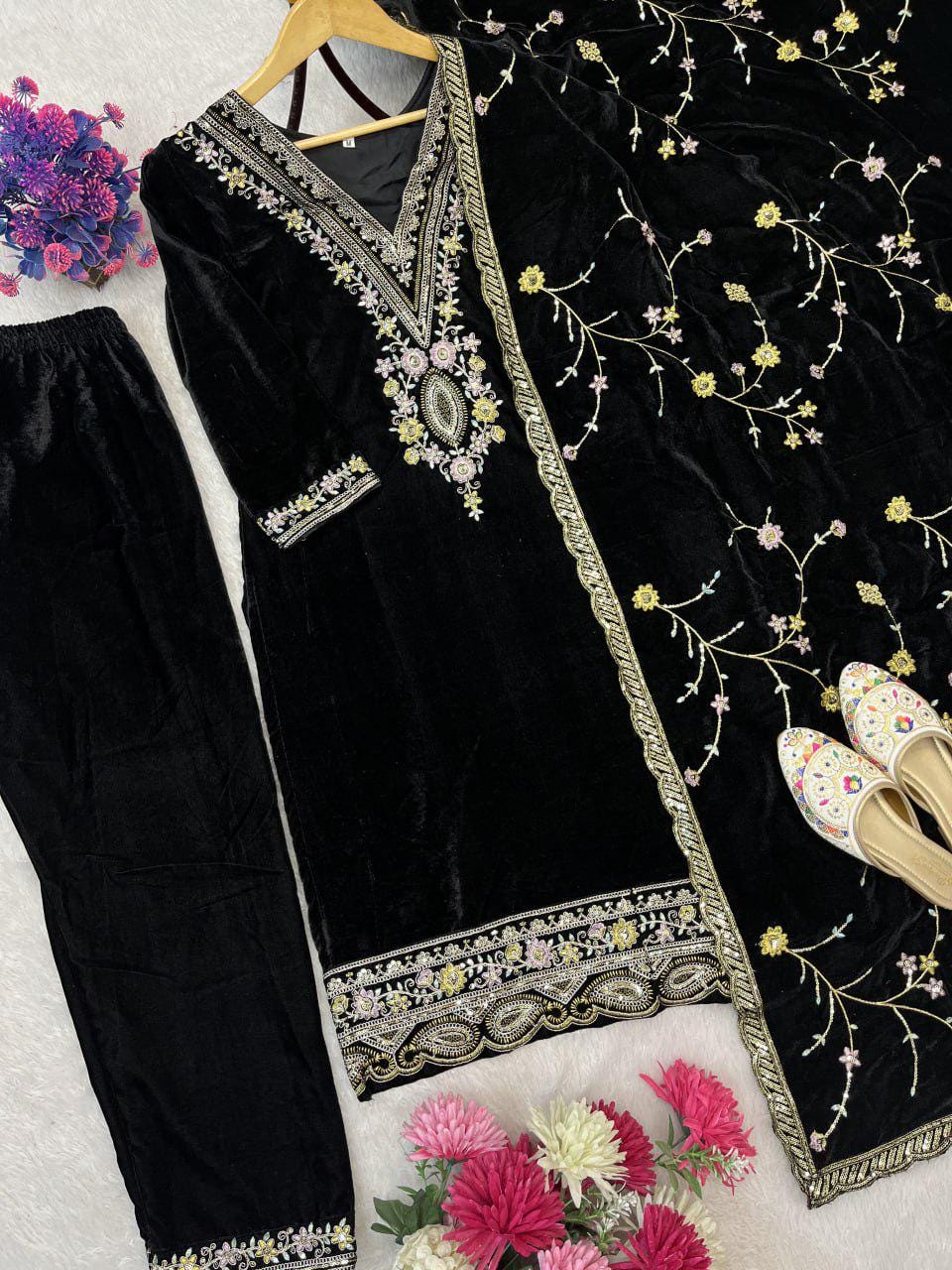 Majestic Black Velvet Designer Suit Set with Heavy Sequin Embroidery Festive Fashion