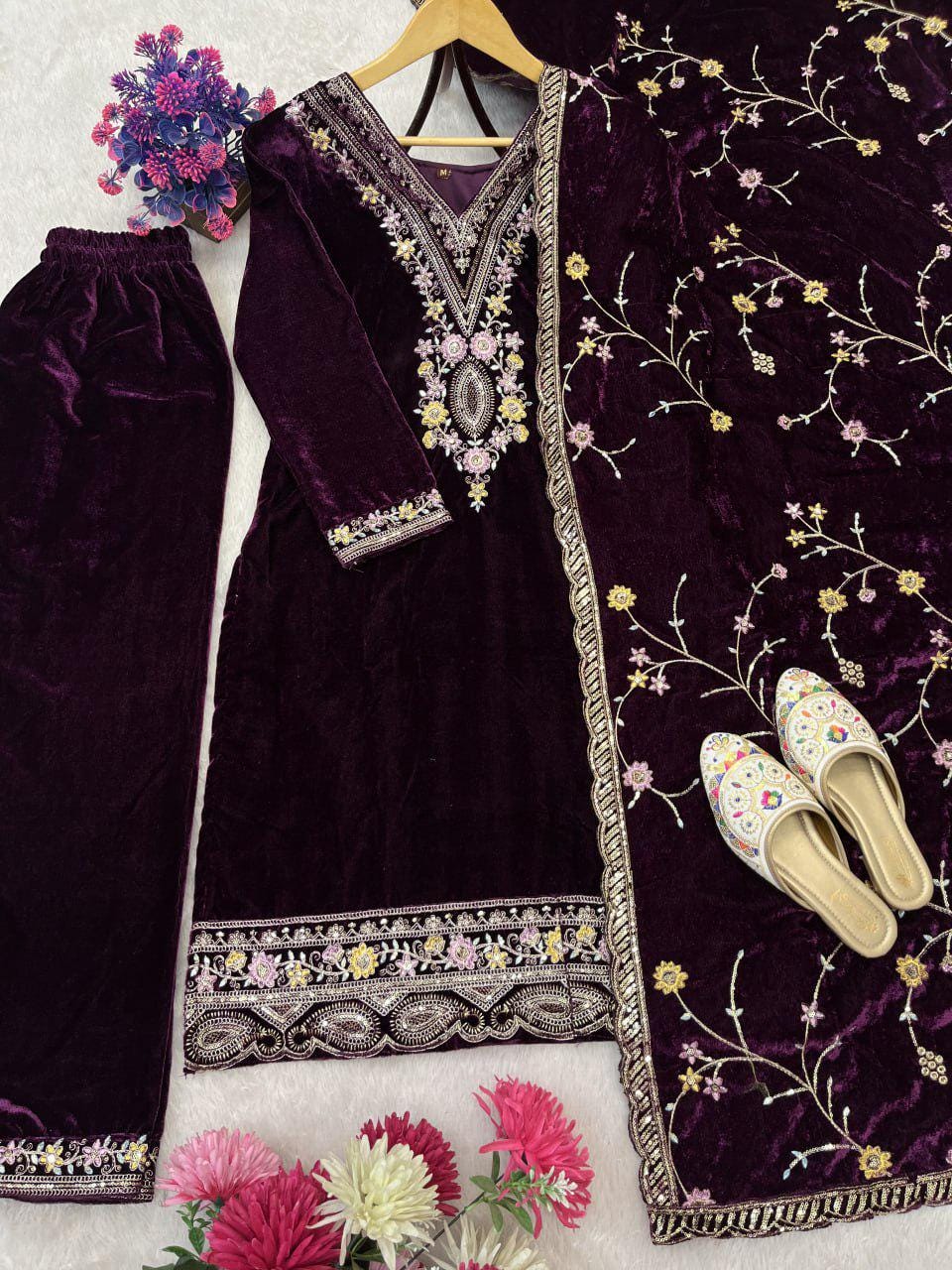 Exclusive Velvet Sequin Embroidered Three-Piece Suit Set Wine Luxury Ethnic Occasion Wear