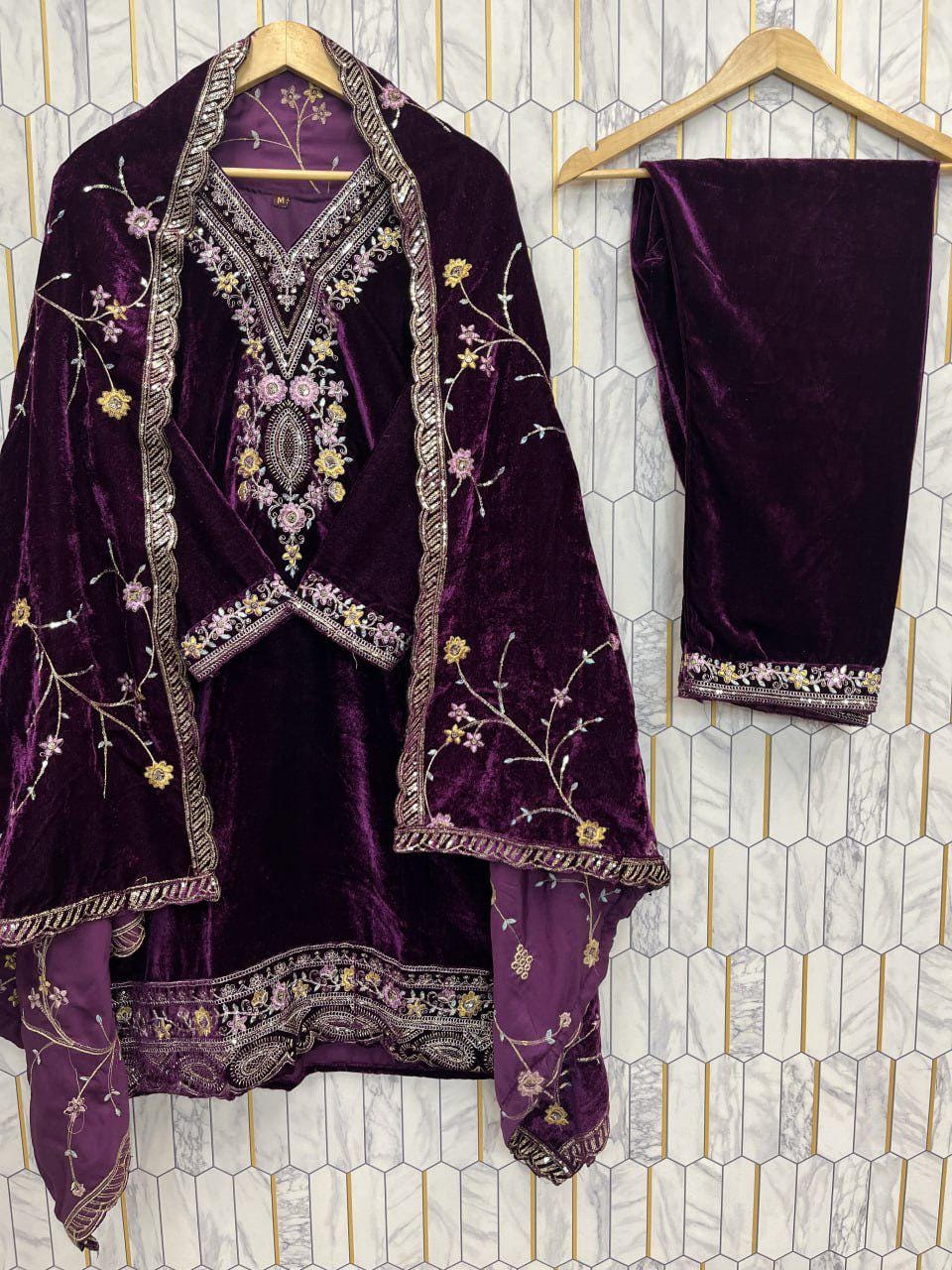Exclusive Velvet Sequin Embroidered Three-Piece Suit Set Wine Luxury Ethnic Occasion Wear