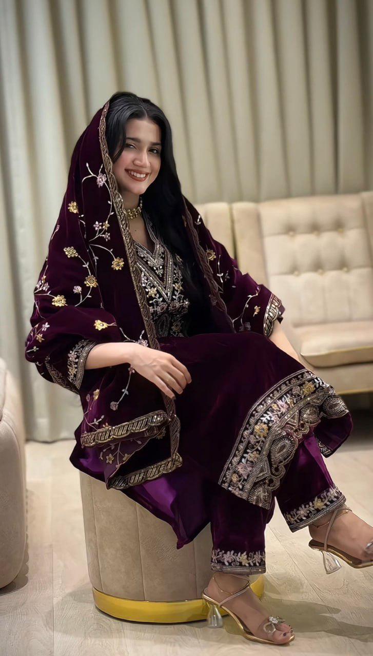 Exclusive Velvet Sequin Embroidered Three-Piece Suit Set Wine Luxury Ethnic Occasion Wear