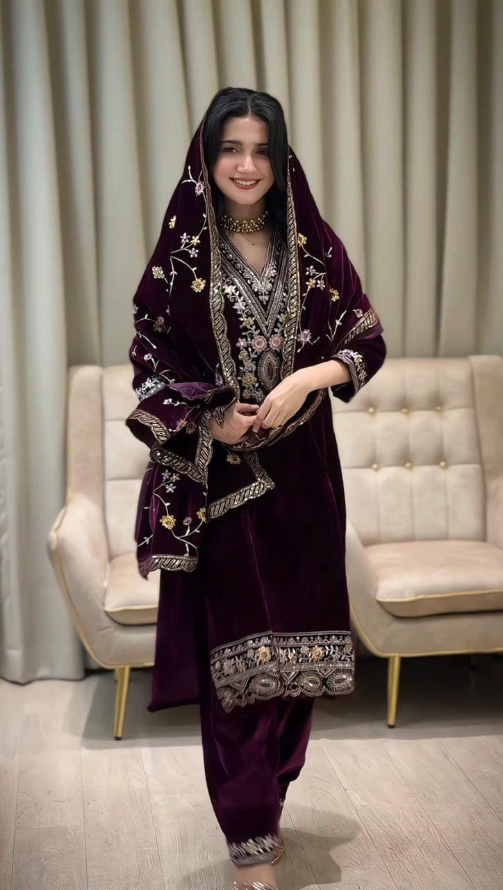 Exclusive Velvet Sequin Embroidered Three-Piece Suit Set Wine Luxury Ethnic Occasion Wear