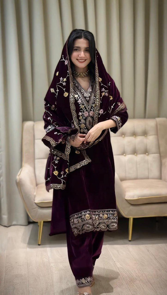 Exclusive Velvet Sequin Embroidered Three-Piece Suit Set Wine Luxury Ethnic Occasion Wear