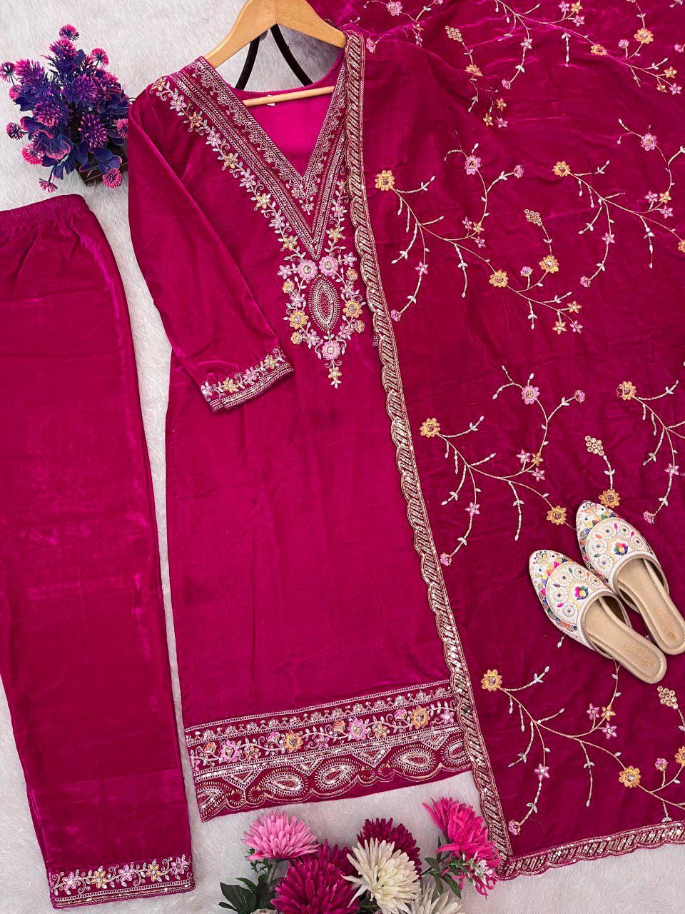 Royal Hot Pink Velvet Embroidered Suit Set with Matching Dupatta