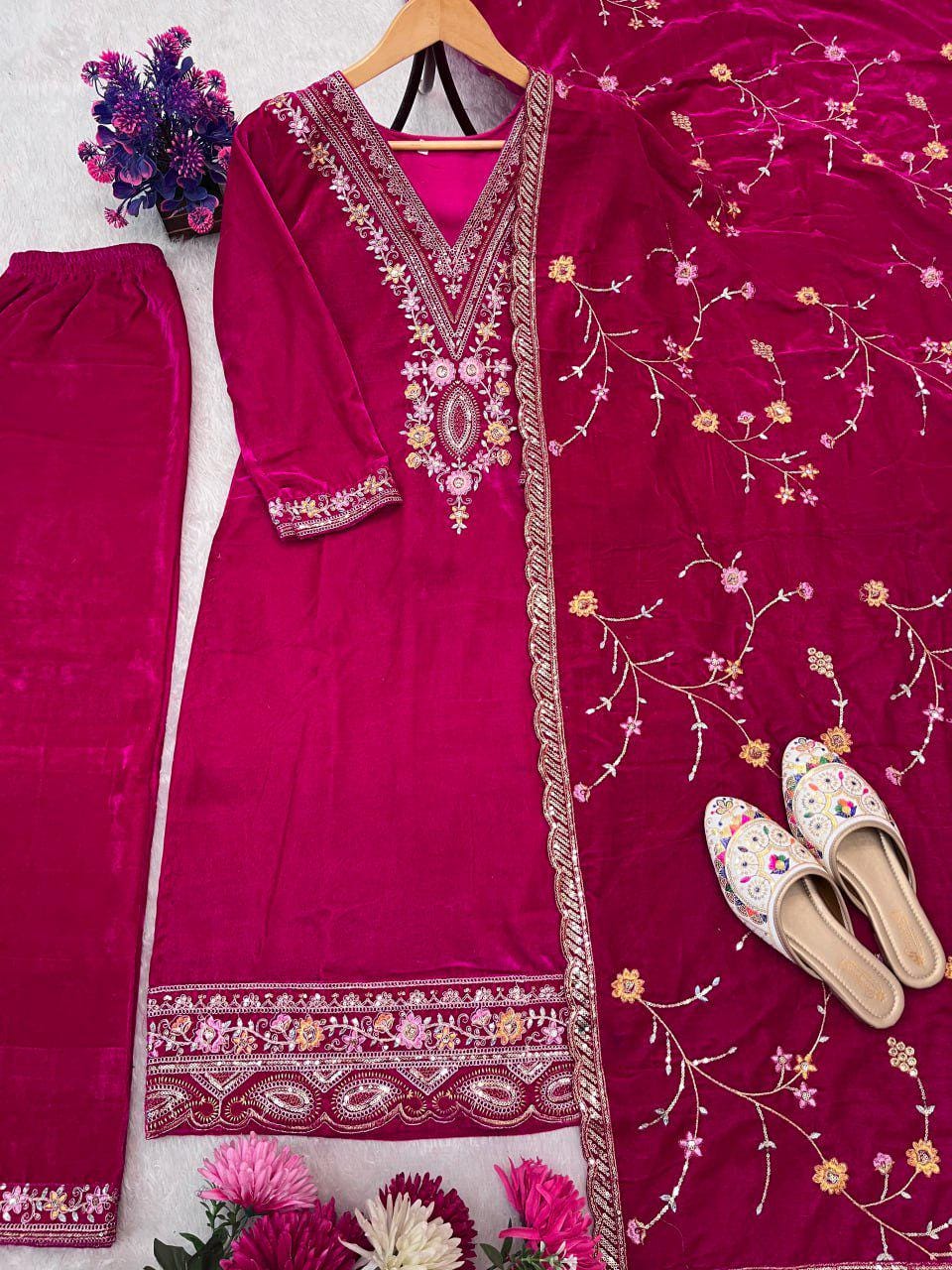 Royal Hot Pink Velvet Embroidered Suit Set with Matching Dupatta