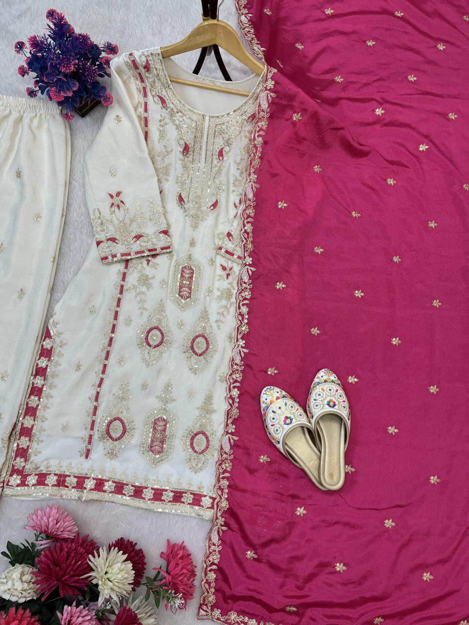 Punjabi Wedding Wear Pure Chinon Silk Sequin Embroidered Luxury Suit Set Designer Kurti Palazzo
