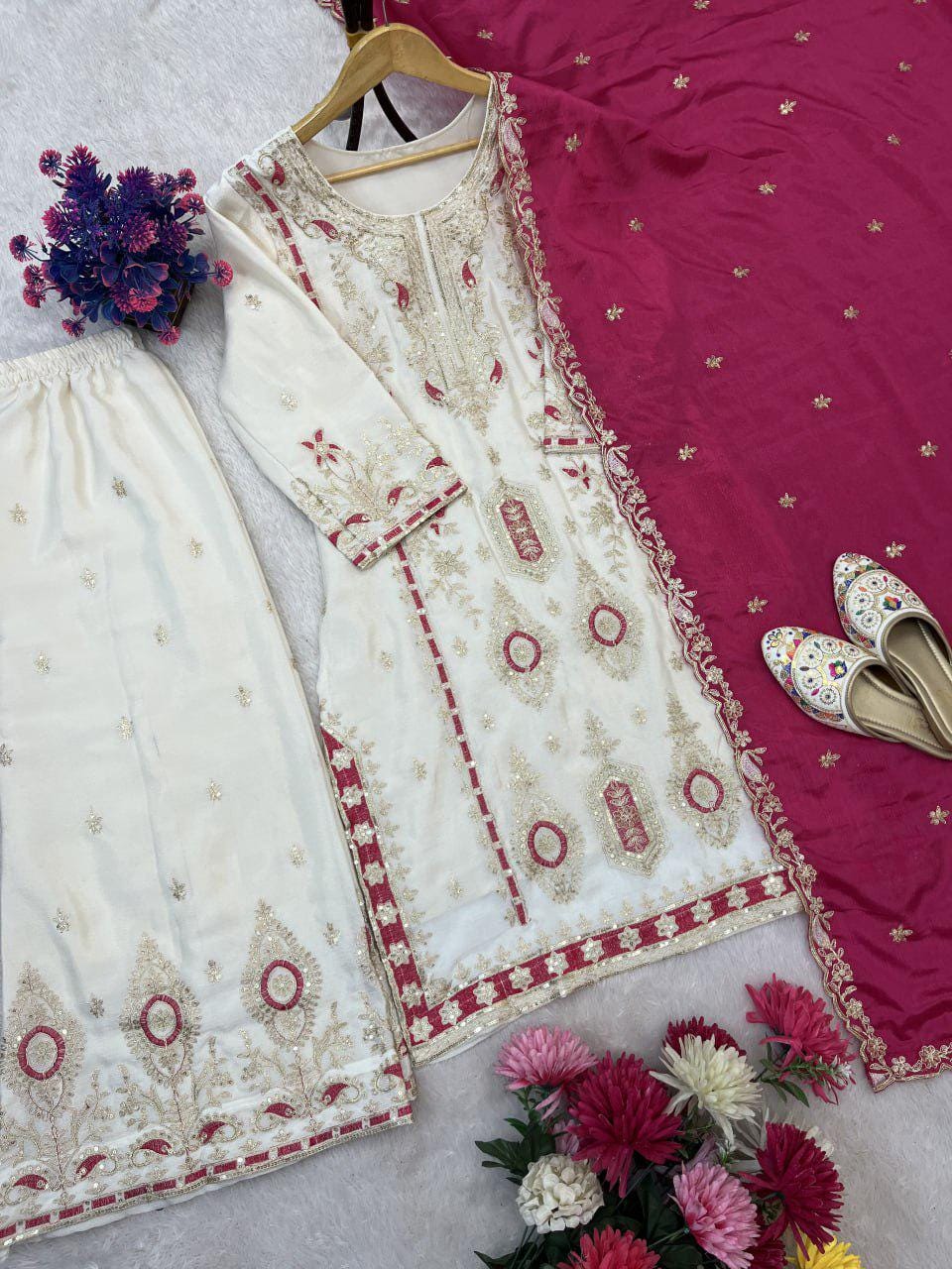 Punjabi Wedding Wear Pure Chinon Silk Sequin Embroidered Luxury Suit Set Designer Kurti Palazzo