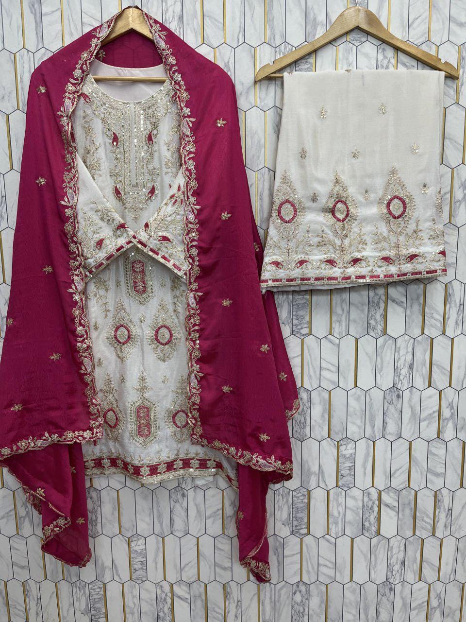 Punjabi Wedding Wear Pure Chinon Silk Sequin Embroidered Luxury Suit Set Designer Kurti Palazzo