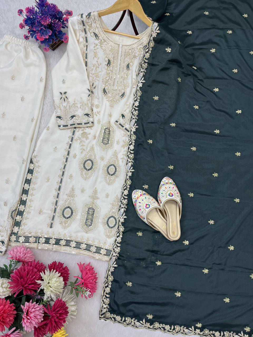 Pakistani Style Chinon Silk Designer Kurti Plazzo Suit Set in Luxury Sequin Embroidered Work