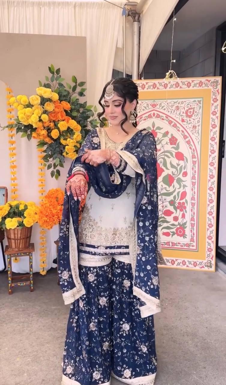 Designer White Kurta Faux Georgette Fabric With Blue Sharara And Matching Dupatta