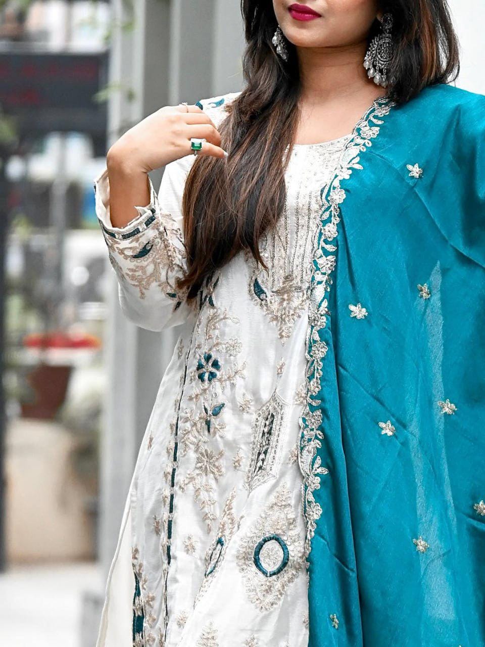 Pure Chinon Silk Heavy Sequin Embroidered Suit Set with Palazzo & Dupatta - Women Ethnic Wear