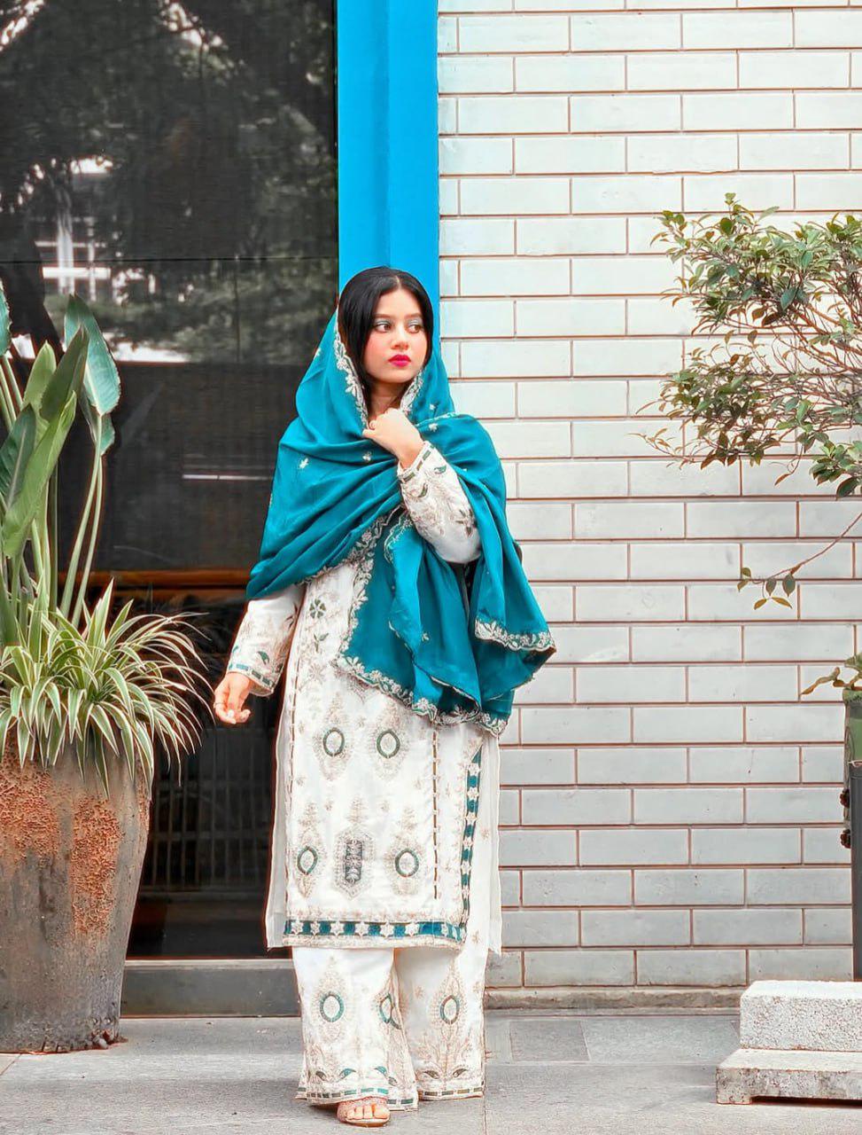 Pure Chinon Silk Heavy Sequin Embroidered Suit Set with Palazzo & Dupatta - Women Ethnic Wear