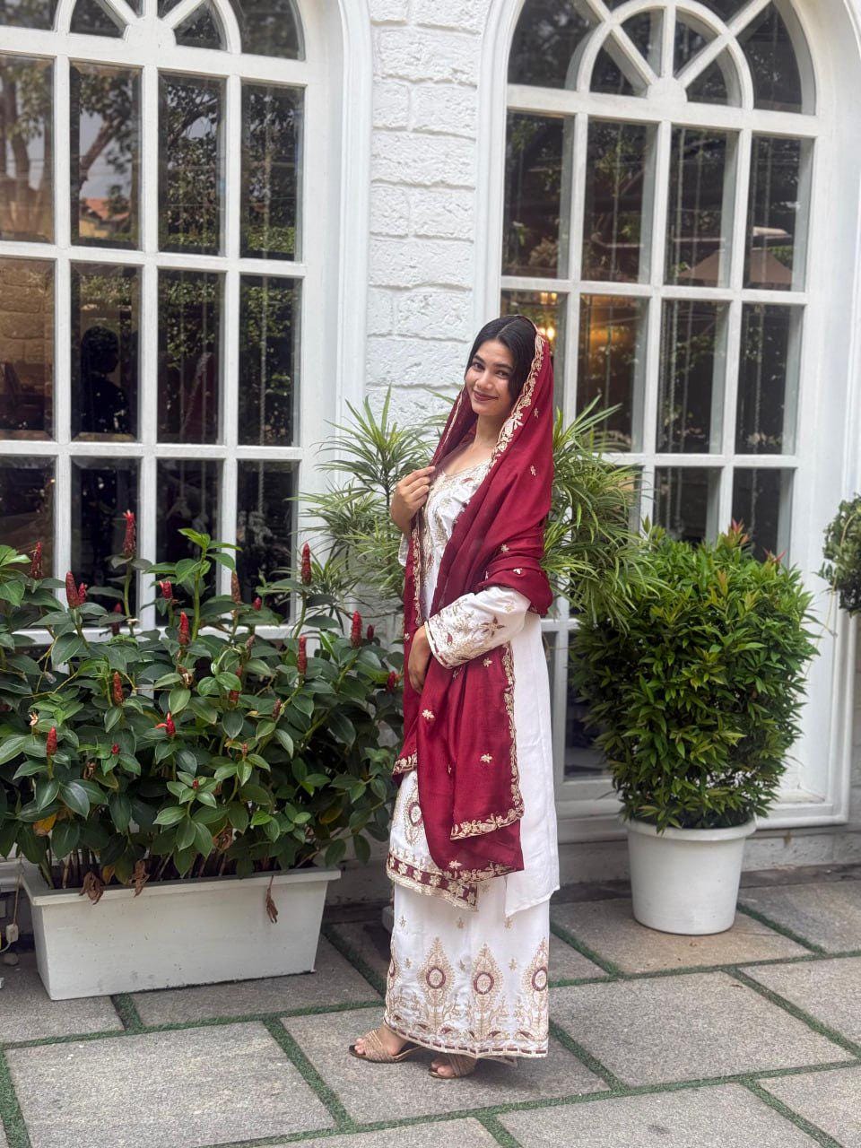 Chinon Silk Heavy Sequin Embroidered Festive Wear Suit Set with Palazzo and Dupatta